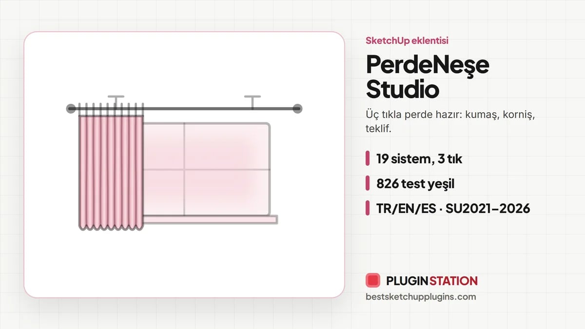 SketchUp perde modelleme için PerdeNeşe Studio eklentisinin özellik kartı