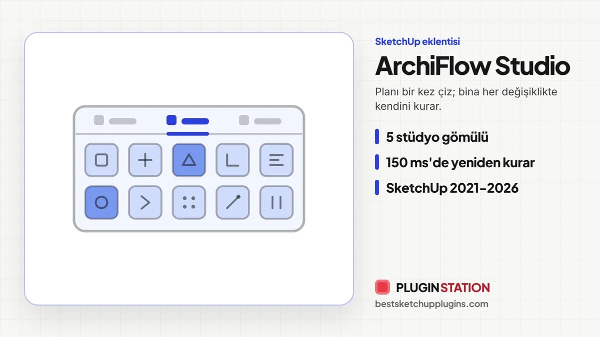 SketchUp parametrik mimari model kuran ArchiFlow Studio eklentisinin özellik kartı