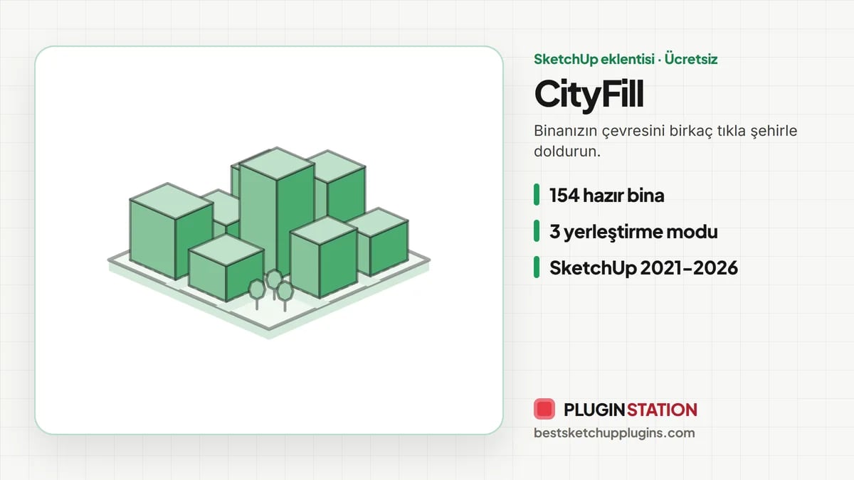 SketchUp çevre bina eklentisi CityFill ile oluşturulmuş sokak dokusu kartı