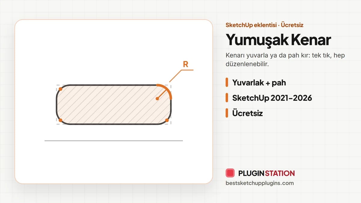 SketchUp köşe yuvarlama için ücretsiz Yumuşak Kenar eklentisinin özellik kartı
