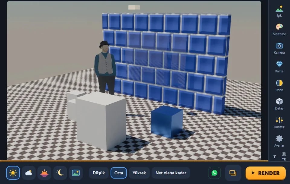 Ücretsiz SketchUp render eklentisi Render Fun arayüzü: hava, kalite ve RENDER düğmesi