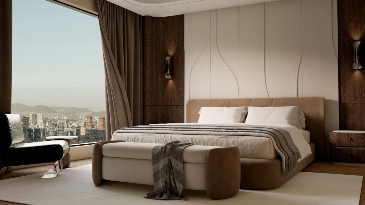 SketchUp render yöntemleri arasında SketchUp içinde Render Fun ile alınmış şehir manzaralı yatak odası