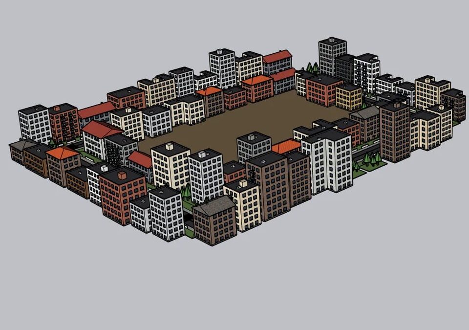 Yol aracıyla asfalt, kaldırım ve binaları birlikte büyüyen CityFill sokağı