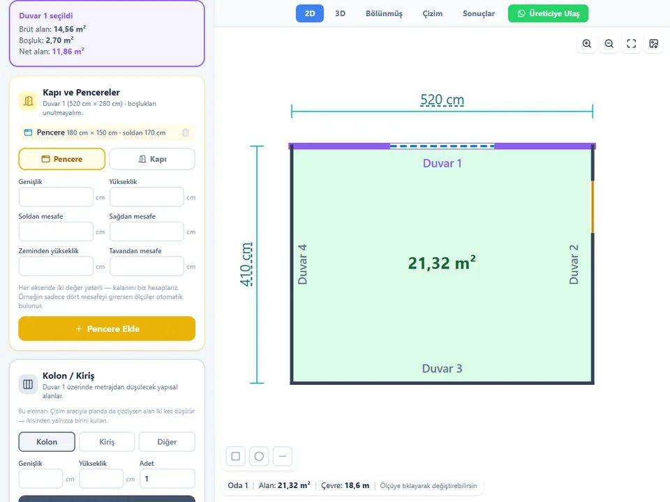 İnşaat metraj programı Metraj'da kapı, pencere ve kolon düşülmüş net alan