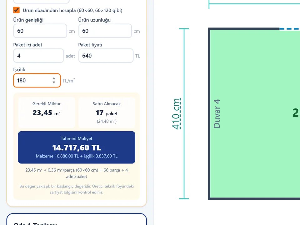 Gerçek karo ölçüsünden hesaplanan seramik adedi ve kutu sayısı ekranı