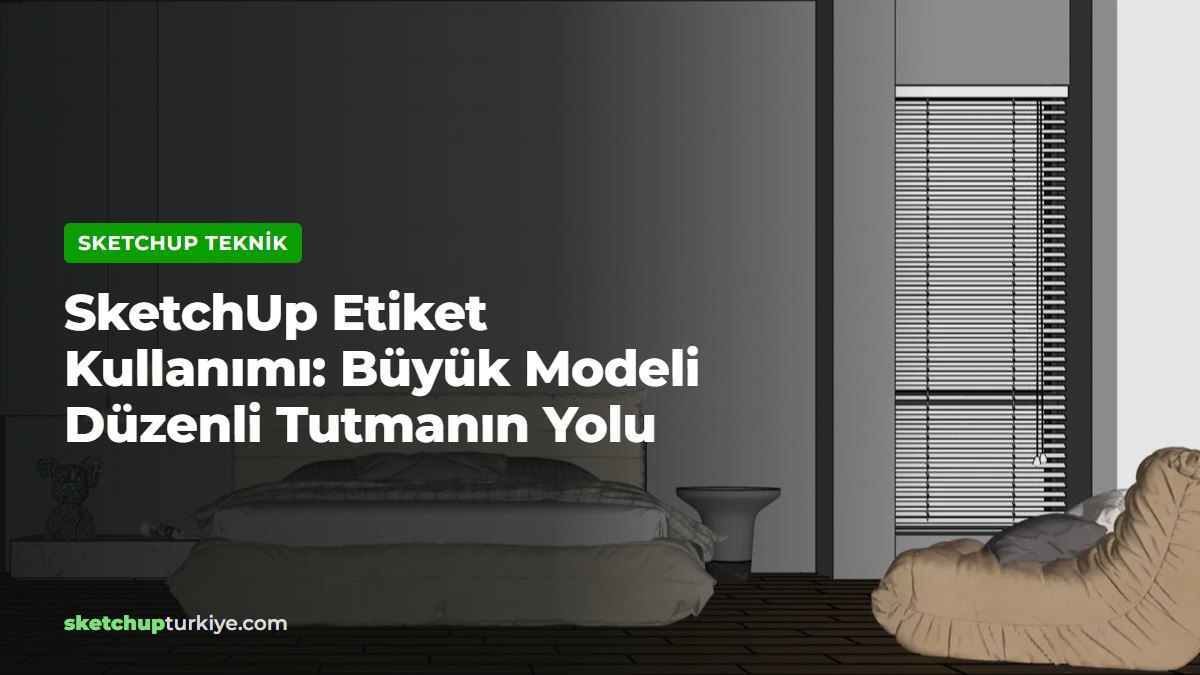 SketchUp etiket kullanımı yazısı kapağı, SketchUp ile modellenmiş yatak odası