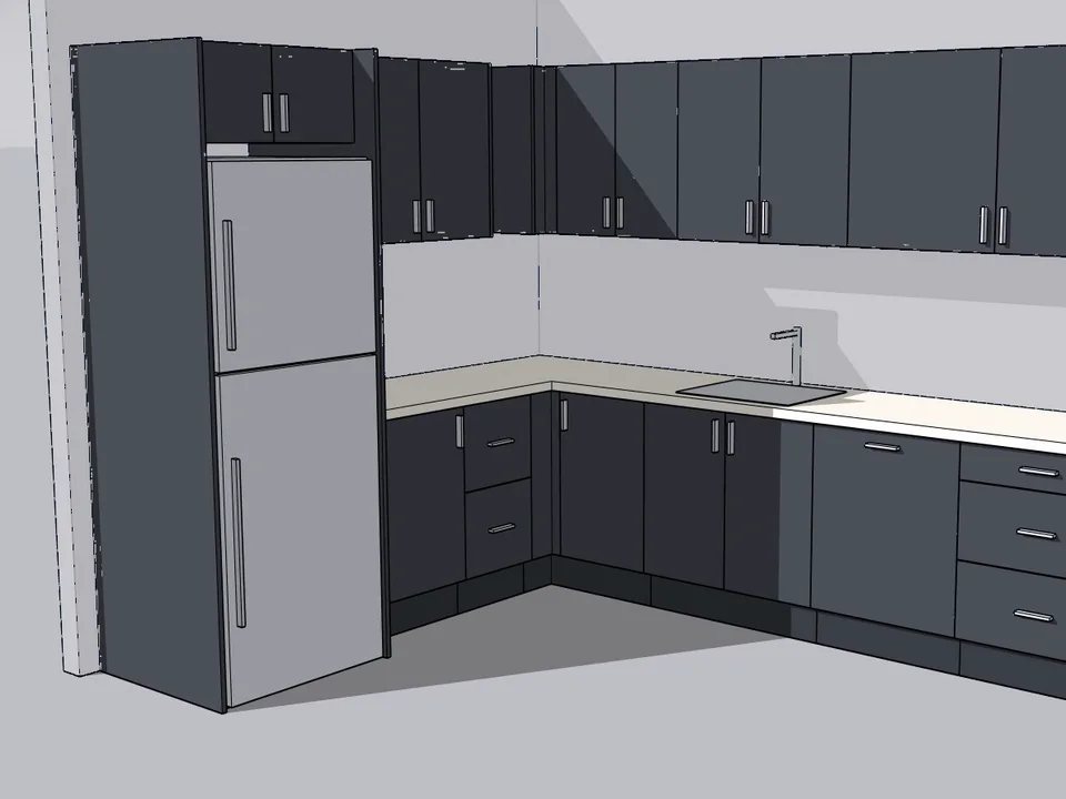 SketchUp mutfak tasarım eklentisi KitchenFun Studio ile kurulan gövde, kapak ve tezgâh