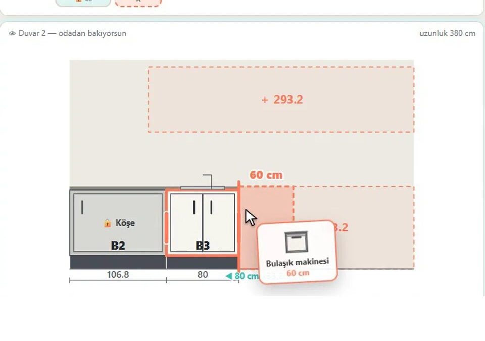 KitchenFun Studio ile mutfak modülünü tutup duvara bırakarak mutfak kurmak