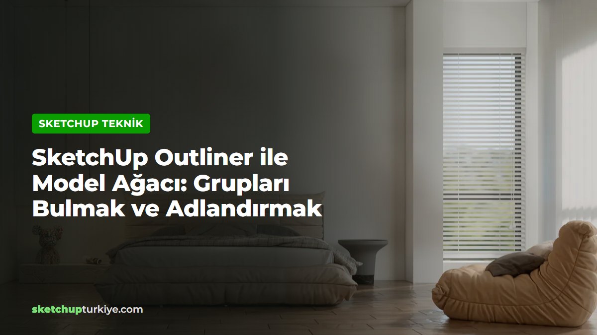 SketchUp Outliner yazısı kapağı, render alınmış modern oturma odası