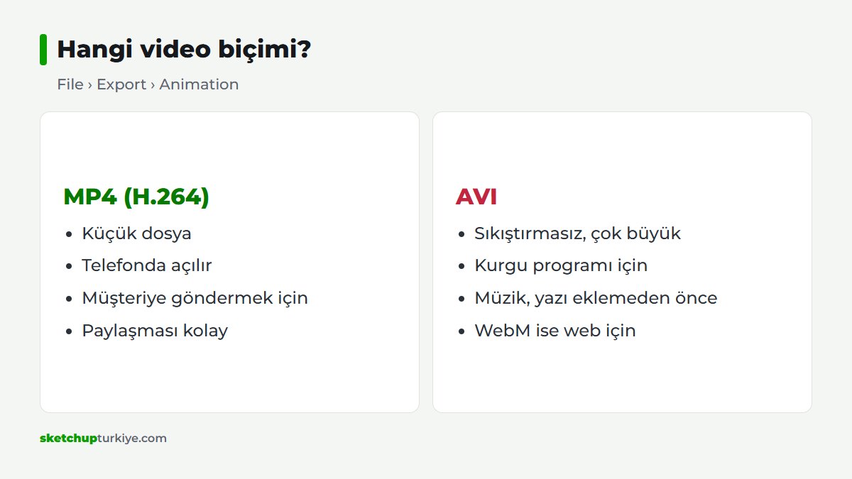 SketchUp sahne animasyonu için MP4, AVI ve WebM video biçimlerinin karşılaştırması