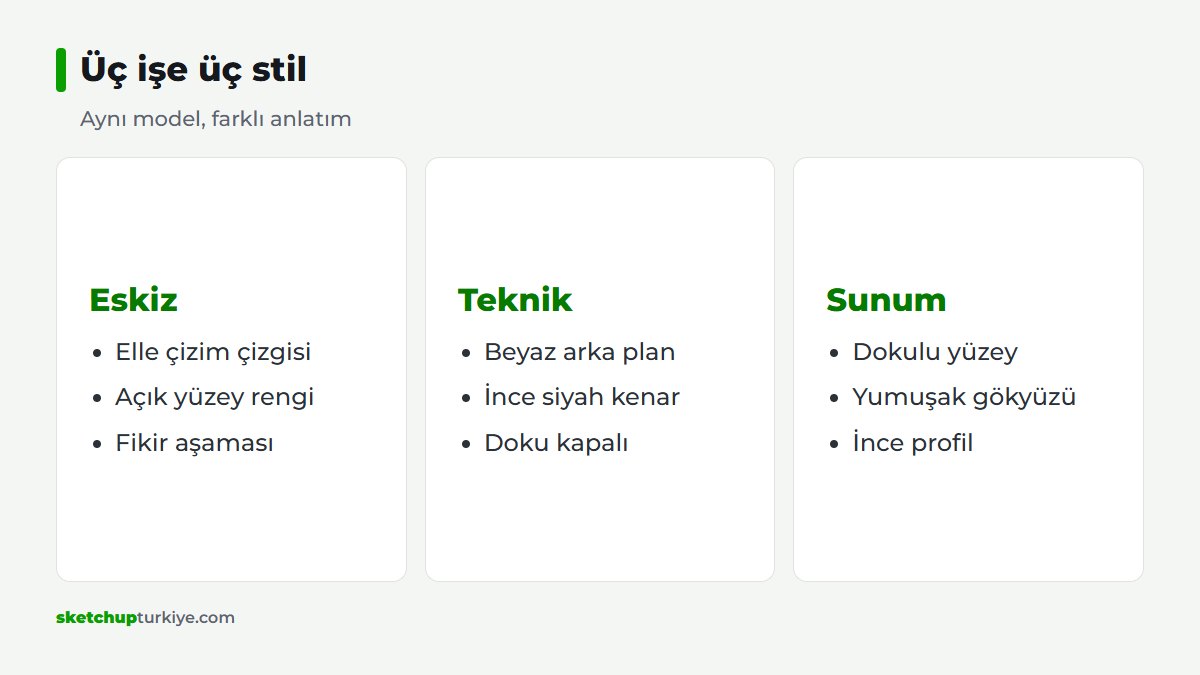 Eskiz, teknik ve sunum görünümü için üç stil reçetesinin karşılaştırması